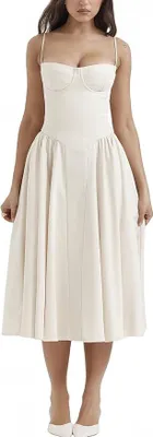 Produktbild von Damen Vintage Sommerkleid Lang mit Spinghettiträgern Weiß Größe S