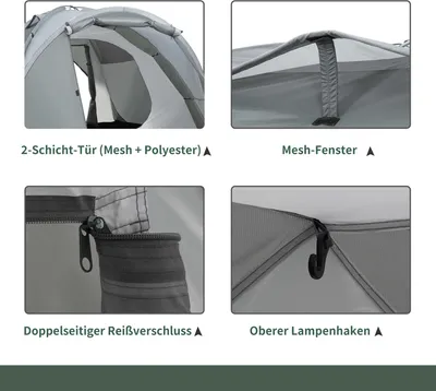 Produktbild von 2-3 Personen Campingzelt, Kuppelzelt, vier Türen,Meshfenster, wasserdicht, PU2000mm, Glasfaser, grau