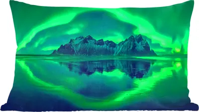Produktbild von MuchoWow® Zierkissen Sofakissen Wohnzimmer Dekokissen 50x30 cm Nordlichter - Steine - Strand - Island - Wohnzimmerdekoration - Polster mit Photo