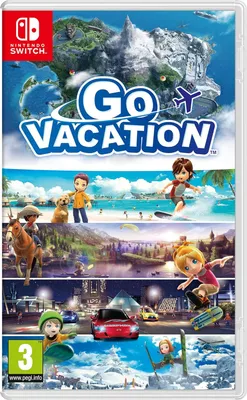 Collage of different scenes from the game Go Vacation, showing various activities like surfing, horseback riding, driving, and skiing.