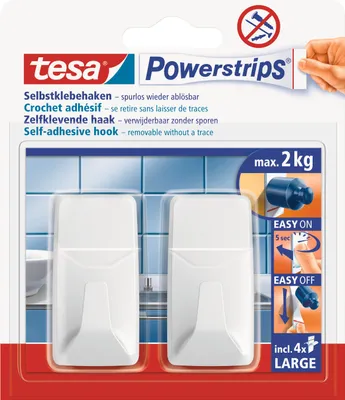 Produktbild von tesa Powerstrips Haken weiß eckig Large selbstklebender Wandhaken, 2 Stück