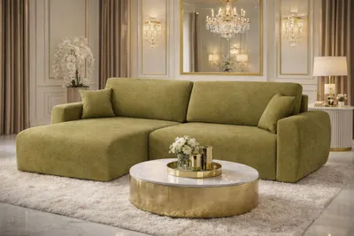 Image de Canapé d'angle avec fonction couchage et coffre de rangement, canapé Ariel en velours en L, tissu Salvador, olive, gauche