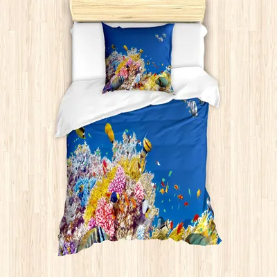 Produktbild von ABAKUHAUS Ozean Bettbezug Set, Bunte Unterwasserwelt Mit Tropischem Exotischem Tauchens Reise Reiseziel Der Korallen, 135 x 200 cm + 80 x 80 cm, Blau Gelb