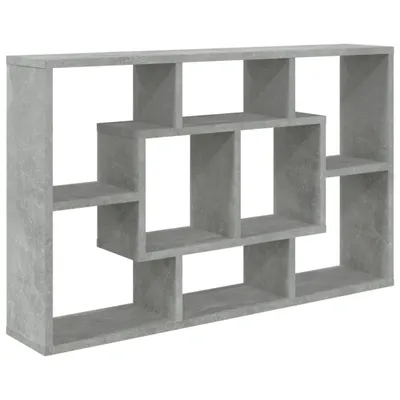 A gray, modern-style bookshelf with multiple compartments.