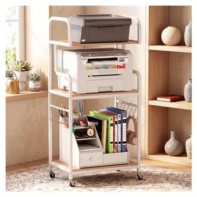 Produktbild von Druckerständer mit 3 Ablagen, Rollen und 10 Haken, mobiler Druckertisch aus Metall für Drucker, Scanner und Faxgeräte (Natur)