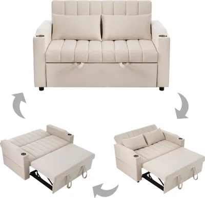 Image de OKWISH Canapé Droit Convertible - Avec Fonction Lit Et Porte-Gobelet 2 Places Coton Beige