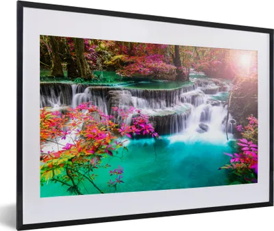 Produktbild von MuchoWow® Gerahmtes Poster Wasserfall - Sonne - Bäume - Regenbogen - Natur 60x40 cm - Poster mit Schwarzem Bilderrahmen Wandposter Rahmen Foto Bilder - Schlafzimmer - Plakat in Rahmen - Drucken
