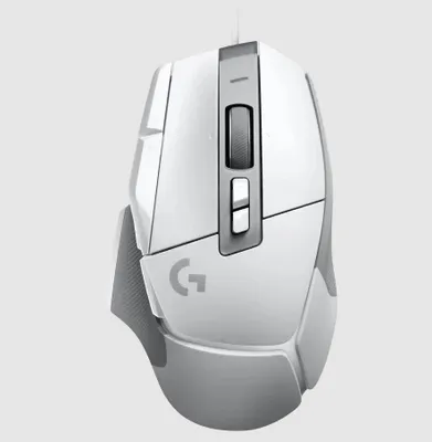 A white and gray Logitech G gaming mouse is shown from a top-down perspective against a plain white background.