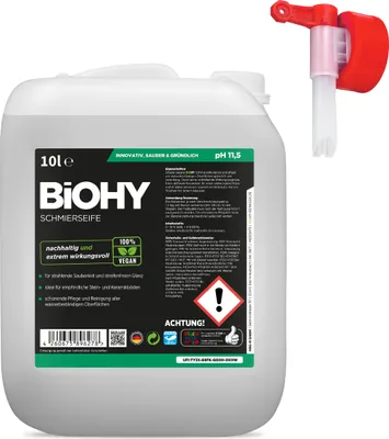 Produktbild von BiOHY Schmierseife (10l Kanister) + Auslaufhahn | Fußbodenreiniger KONZENTRAT | Natürliche Inhaltsstoffe | anwendbar auf allen empfindlichen Oberflächen | Kautschuk, Linoleum, Parkett, PVC, Stein