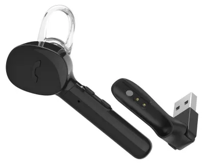 A black Bluetooth headset and its USB charging adapter are shown against a white background.
