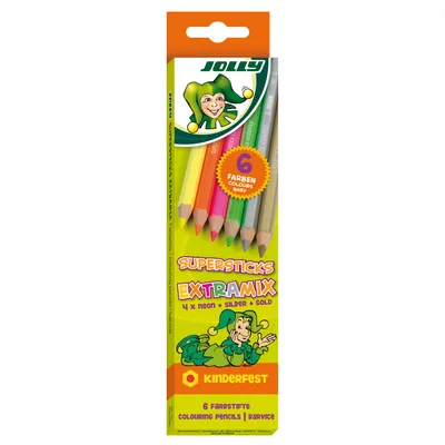 Produktbild von Jolly 3000-0490 Supersticks Buntstifte Extramix, 4 x Neon + Silber + Gold im Kartonetui, mehrfarbig (6er Pack)