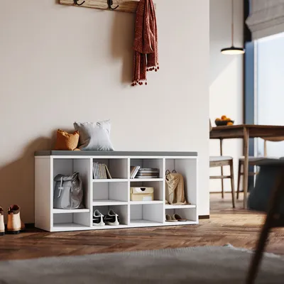 Produktbild von SONNI Schuhschrank weiß mit Kissen 103.5x30x48cm verstellbare Trennwand Schuhhocker Schuhregal