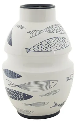Produktbild von Vase Fish aus weißer Keramik mit blauem Fisch-Dekor 21x31 cm