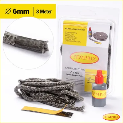 Produktbild von Temprix Kamindichtung & Ofendichtung Ø 6 mm Hohldichtung - 3 Meter inkl. Kleber | feuerfeste Ofenschnur, Kaminschnur & Dichtband bis 650°C temperaturbeständig | Dichtung für Kamin, Ofen & Grill