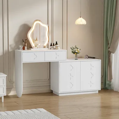 Zdjęcie produktu dla Toaletka Flieks z szafką i lustrem, lustro kosmetyczne z oświetleniem LED, komoda do makijażu i czesania z szufladami, 160 x 40 x 132 cm, biała