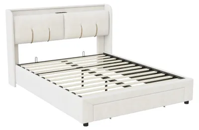 Obrázek produktu pro Čalouněná postel s úložným prostorem – manželská postel 160 × 200 cm – dřevěný rám s sametovým potahem – čelo s LED osvětlením a USB – úložný prostor se zásuvkou – béžová