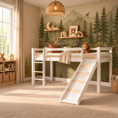 Produktbild von Homestyle4u Hochbett 90x200 mit Rutsche Kinderbett Weiß Rausfallschutz Spielbett Holz