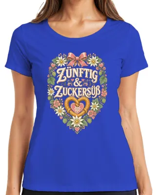 Obrázek produktu pro Zünftig & Zuckersüß, tradiční bavorské oblečení na : Dámské šaty "Dirndl", pánské kalhoty "Lederhose", dámské tričko, modrá barva, velikost M