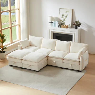 Produktbild von AIORBER Modulares U-Form Sofa Set mit Stauraum, 6-Sitzer Couch aus Chenille, Wohnlandschaft mit 4 Sitzelementen und 2 Hockern, Massivholzrahmen, Beige