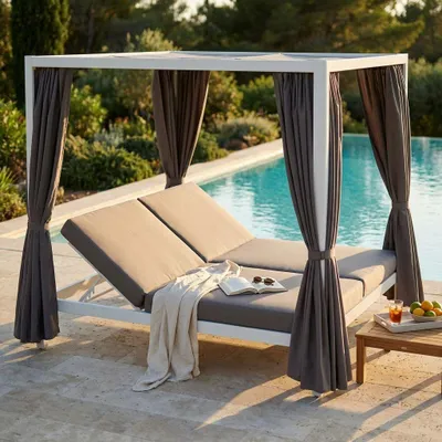 Immagine prodotto di Milani Home - gazebo letto da giardino, alluminio, con letto relax con cuscini, bianco, 212 x 149 x 195 cm