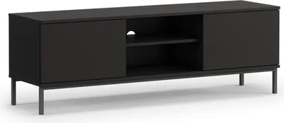 A black TV lowboard with two doors and an open shelf in the middle, standing on thin metal legs.