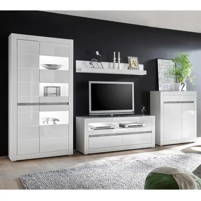 Produktbild von Wohnwand in weiß Hochglanz mit Beton COGO-61 inkl. LED BxHxT: 370x198x42cm
