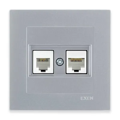 Image de Prise RJ45 Cat. 6 pour ordinateur + prise téléphonique argentée + cadre argenté EXEN