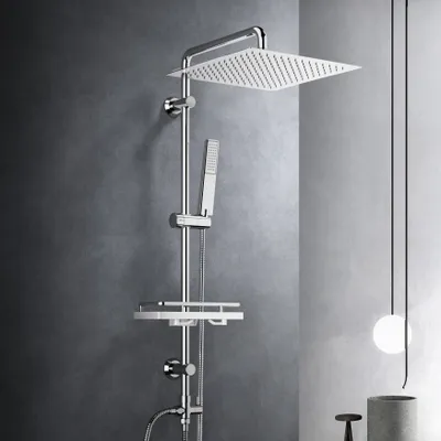 Produktbild von JOHO Regendusche Duschset Duschsystem mit Ablage, Chrom Duschstangeset Duschsäuleset aus Edelstahl ohne Duscharmatur, Kopfbrause 30x30cm