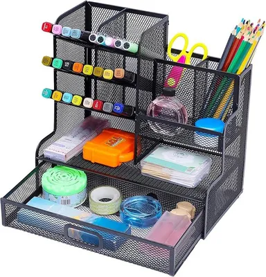 Produktbild von PolkaHome® Mesh Stiftehalter Organizer mit Schublade, Multifunktionaler Schreibtisch-Organizer für Büro, Schreibtisch-Organizer und
