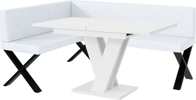 Produktbild von MEBLINI Eckbank für Esszimmer mit ausziehbarem Tisch  - Küchenbank - Essecke - Sitzecke Küche - ERIC - X-Beine 128x168x87cm Links - Weiß Kunstleder/M Weiß Matt