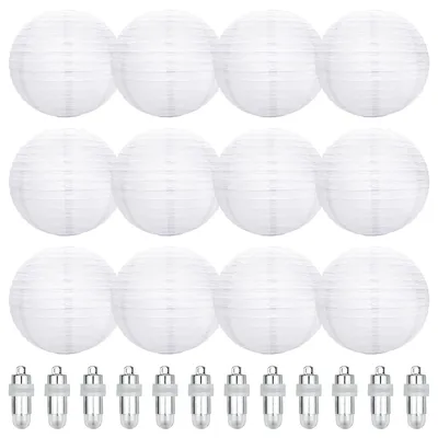12 weiße Papierlaternen rund 20 cm mit LED-Lichtern