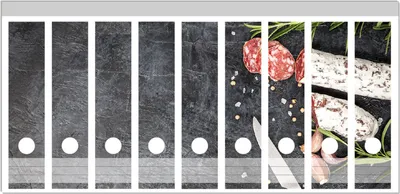 Produktbild von Wallario Ordnerrücken Sticker, selbstklebend für breite Ordner, 9 Stück, Motiv Salami, Rosmarin und Knoblauch