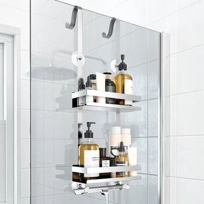 Obrázek produktu pro Organizér do sprchy Unyqoos® z nerezové oceli 304, dvoupatrový, bez nutnosti vrtání, vhodný pro skleněné sprchové dveře do šířky 6,5 cm, nosnost 18 kg, odolný proti korozi a vodě, s přísavkami