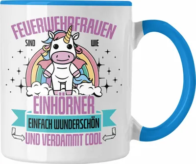 Produktbild von Trendation - Lustige Feuerwehrfrau Tasse Geschenk für Frauen in der Feuerwehr Einhörner (Blau)