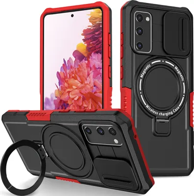 Produktbild von Handyhülle für Samsung Galaxy S20 FE 5G Kompatibel mit MagSafe, Robuste Hülle mit Schiebe Kamera Schutz, Magnetischer Ringständer Schwarz Rot