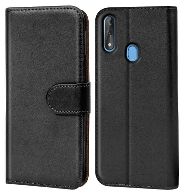 A black flip case for a smartphone, shown from the front and back.
