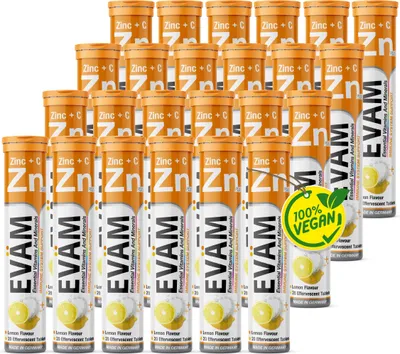 Produktbild von EVÄM Zink plus Vitamin C Brausetabletten Geschmack Zitrone 24x 20 Stück Nahrungsergänzungsmittel zur Unterstützung des Immunsystems zuckerfrei Hergestellt in DE