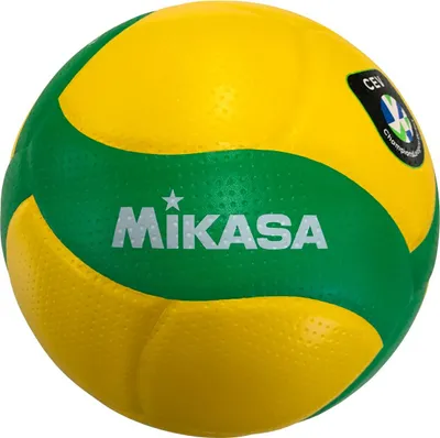 A yellow and green volleyball with the Mikasa logo.