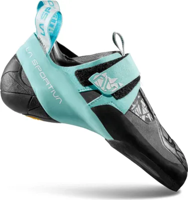 Kletterschuh "Skwama Vegan Woman" von La Sportiva in Schwarz und Türkis; seitliche Ansicht.