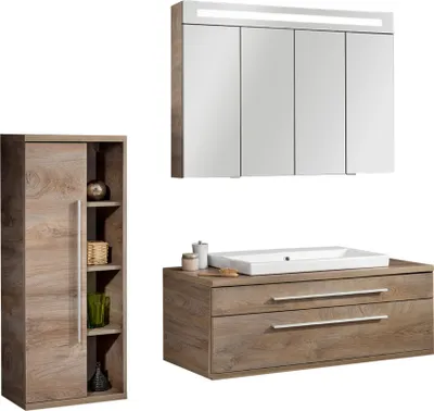 Produktbild von Fackelmann STANFORD Badmöbel Set 4-teilig, 110 cm breit, Braun, Keramik+Spiegelschrank+Midischrank