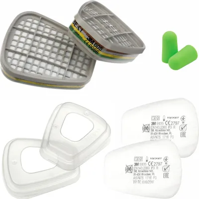 Produktbild von 3M 6059 Filter ABEK1 (1 Paar) mit 3M 501 Filterdeckel (1 Paar) mit 3M Partikelfilter 5935 P3 R (1 Paar) und mit SmartProduct Gehörschutzstöpsel
