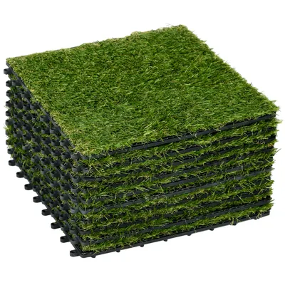 Obrázok produktu pre Umelý trávnik, 10 kusov, trávnatý koberec 30 x 30 cm, 25 mm, tmavozelený, na balkón a do záhrady, odolný a nenáročný na údržbu, umelý trávnik z plastu