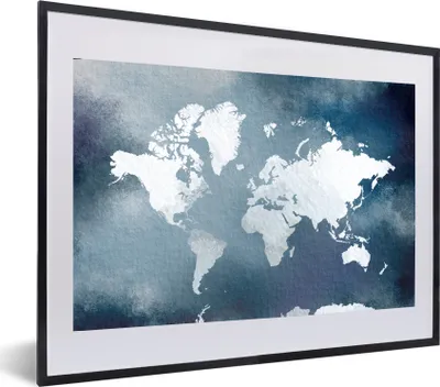 Produktbild von MuchoWow® MuchoWow® Gerahmtes Poster Weltkarte - Aquarell - Blau 60x40 cm - Poster mit zchwarzem Bilderrahmen - Schlafzimmer - Plakat in Rahmen - Drucken