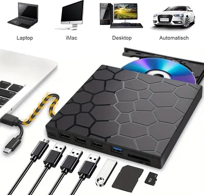 Produktbild von 7-in-1 DVD/CD Laufwerk extern,DVD/CD-Brenner mit USB 3.0/2.0,USB-C,SD/TF-Kartenleser,Einfach anschließen und loslegen