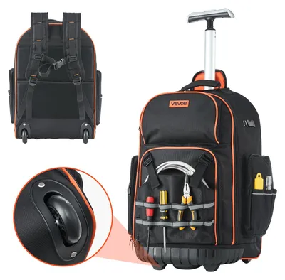 Image de Sac à dos à outils VEVOR avec roulettes, capacité de charge 50 kg, 72 poches, sac à outils, poignée télescopique réglable & base stable, organisateur de sac à dos de travail pour le bâtiment & la mécanique, 450x275x560 mm