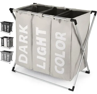 Image de Tri de linge, 3 compartiments, 102 litres, pliable, tissu Oxford, aluminium, beige