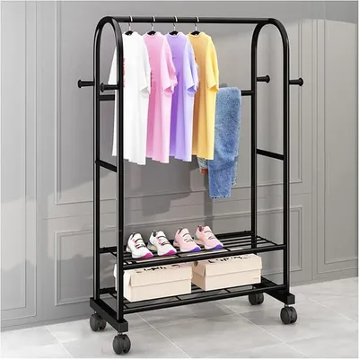 Imagen del producto de Perchero con ruedas, con 2 estantes y 4 ganchos – Estante de ropa metálico independiente para dormitorios y vestidores – Diseño elegante en color