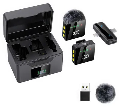 Produktbild von Kabelloses Lavalier Mikrofon 2er Set, Mini Funkmikrofon mit Noise Cancelling, Plug & Play, USB-C Lightning für iPhone Android, Vlog