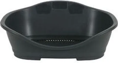 A black plastic pet bed with a perforated base.