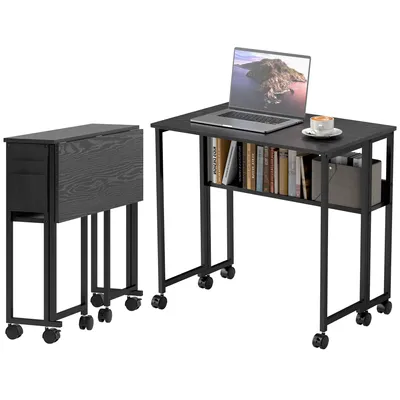 Produktbild von Bürotisch – Klapptisch – Computertisch – Schreibtisch – Schreibtisch – mit Ablagen, Aufbewahrungstaschen und Rollen – Schwarz